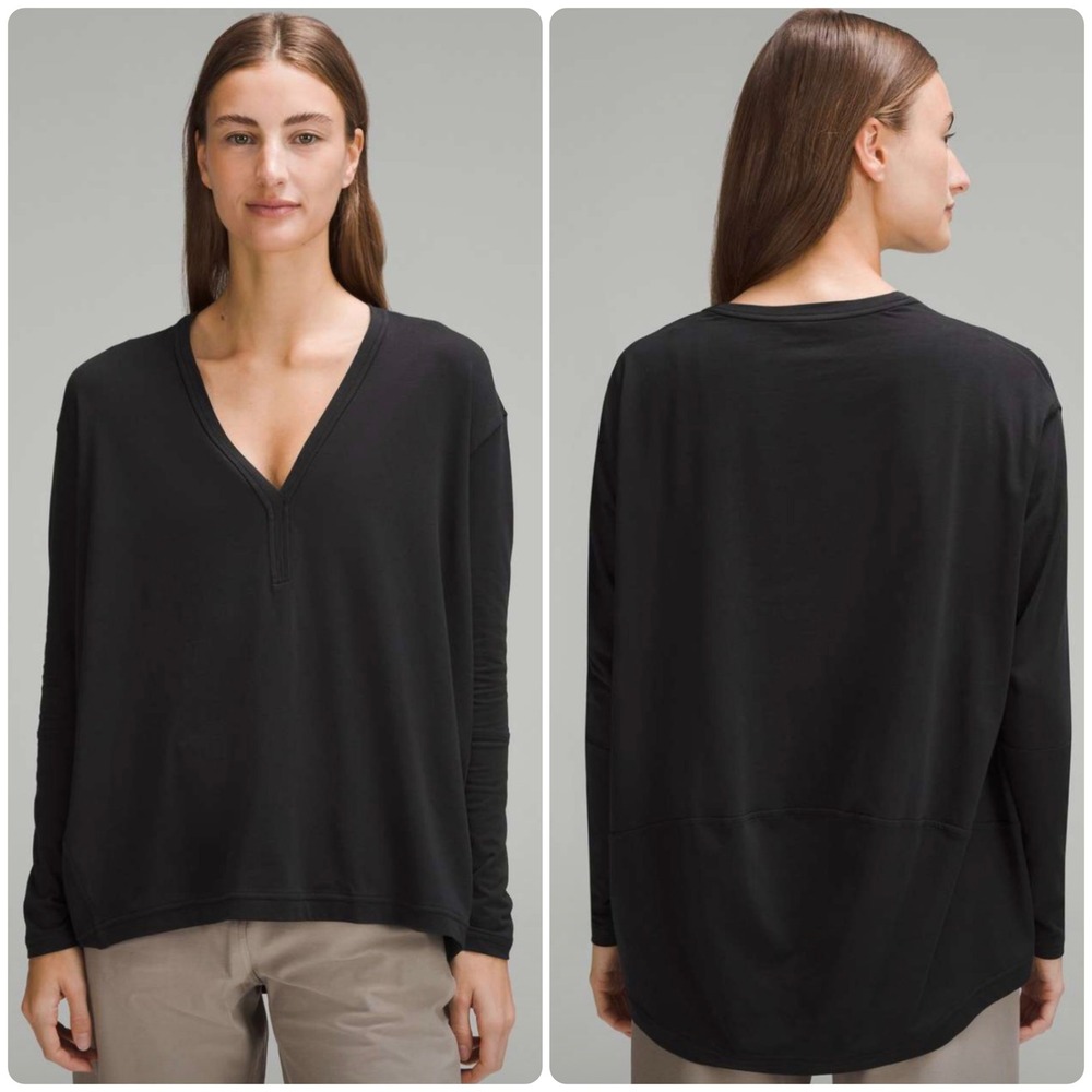 Lululemon Women Black Back In Action V Neck Athleisure Long‎ Sleeve Cotton Top